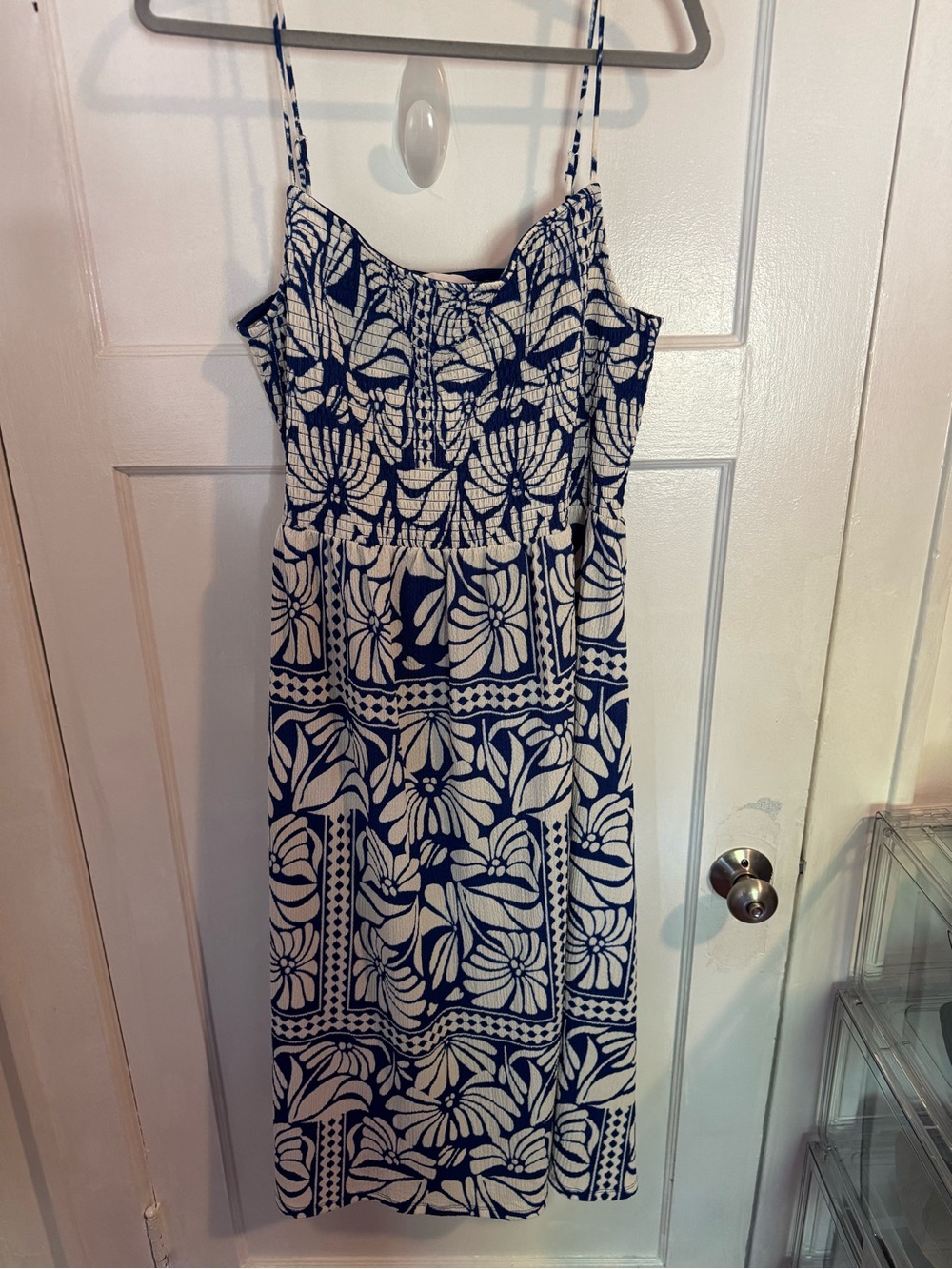 H&M Navy and White Floral Midi Sundress with Spaghetti Straps